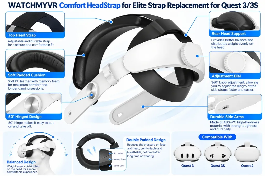 WATCHMYVR Comfort HeadStrap for Elite Strap Replacement for Quest 3/3S