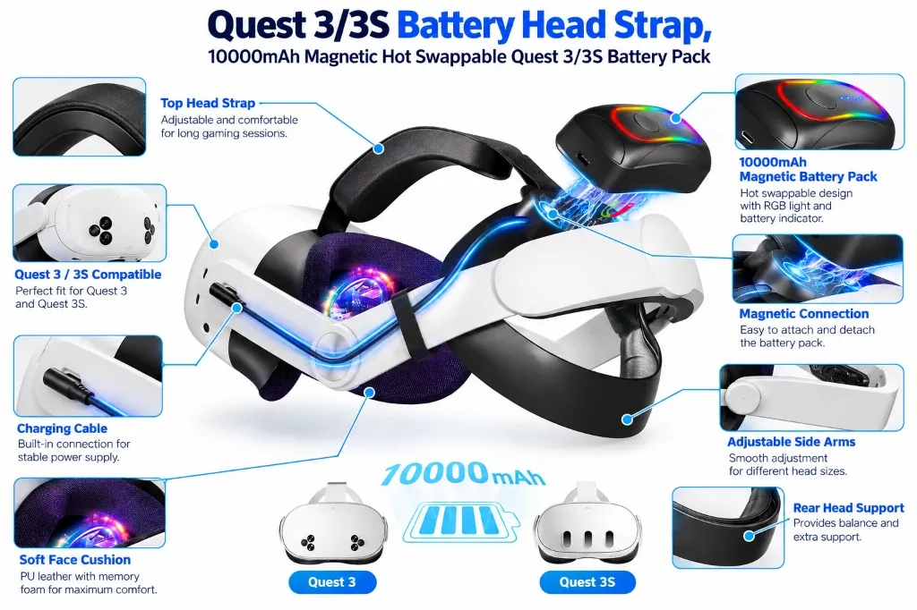 WATCHMYVR Battery HeadStrap with Magnetic Swap for Quest 3/3S