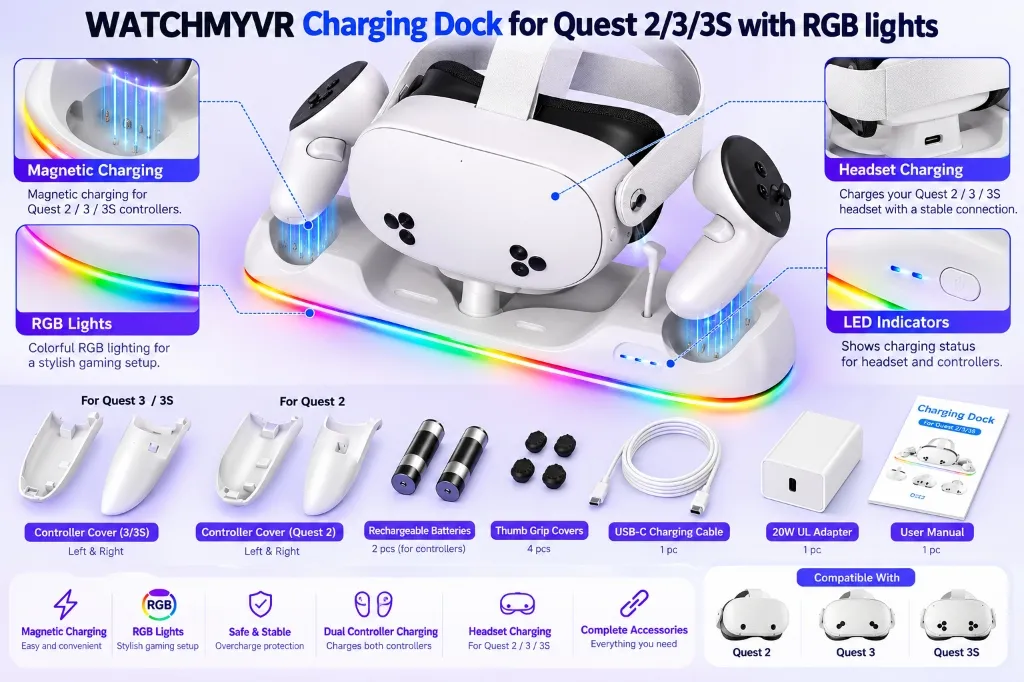 WATCHMYVR Charging Dock for Quest 2/3/3S with RGB lights